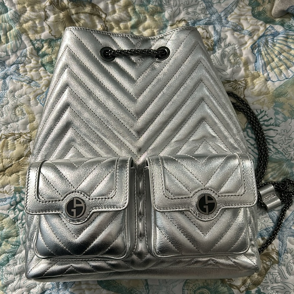 Giorgio Armani leather silver metallic backpack